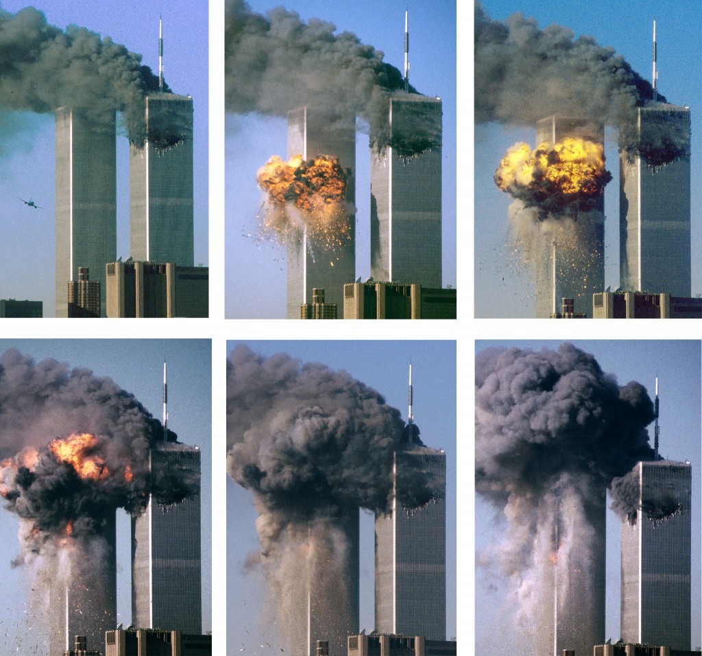 SERIES OF PHOTOS OF HIJACKED AIRLINER ATTACKING WORLD TRADE CENTER
