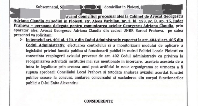 ANFP a fost sesizata, prin Cabinet Avocat, cu privire la ilegalitatile de la Politia Locala Ploiesti/Se solicita excluderea din corpul functionarilor publici a lui Enita Alexandru