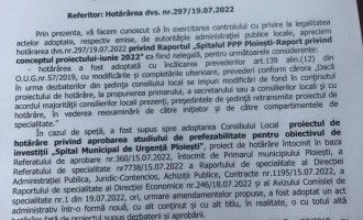 Lovitura!”Hartia” prin care Prefectura Prahova a „decis” ca fiind NELEGALE amendamentele aduse la proiectul construirii Spitalului Municipal de Urgenta este o simpla „apa de ploaie”: nelegala si netemeinica
