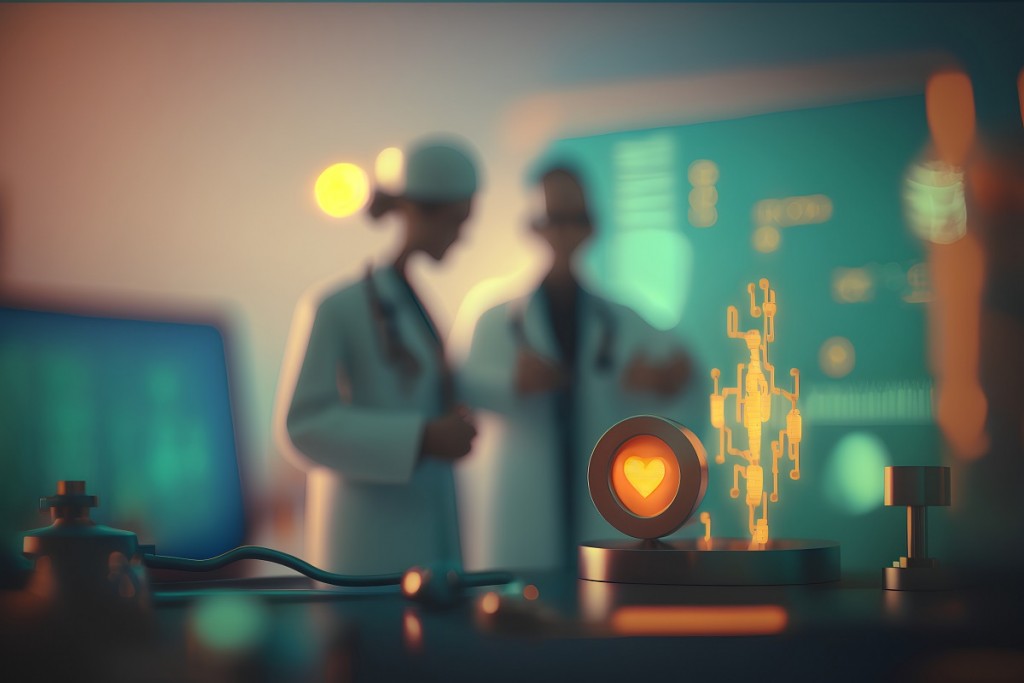 Medical technology concept. Doctor and scientist working with virtual screen of medical network connection.